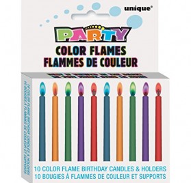 Set de 10 velas de cumpleaños con llamas de colores de Unique Party